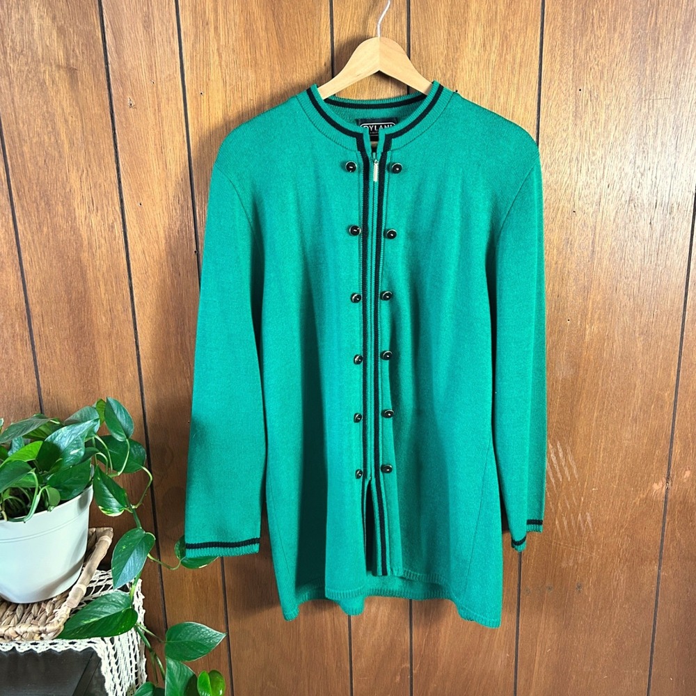 Vintage‎ Dylani Knitwear Green Cardigan Sweater Zip Front Buttons Black Trim